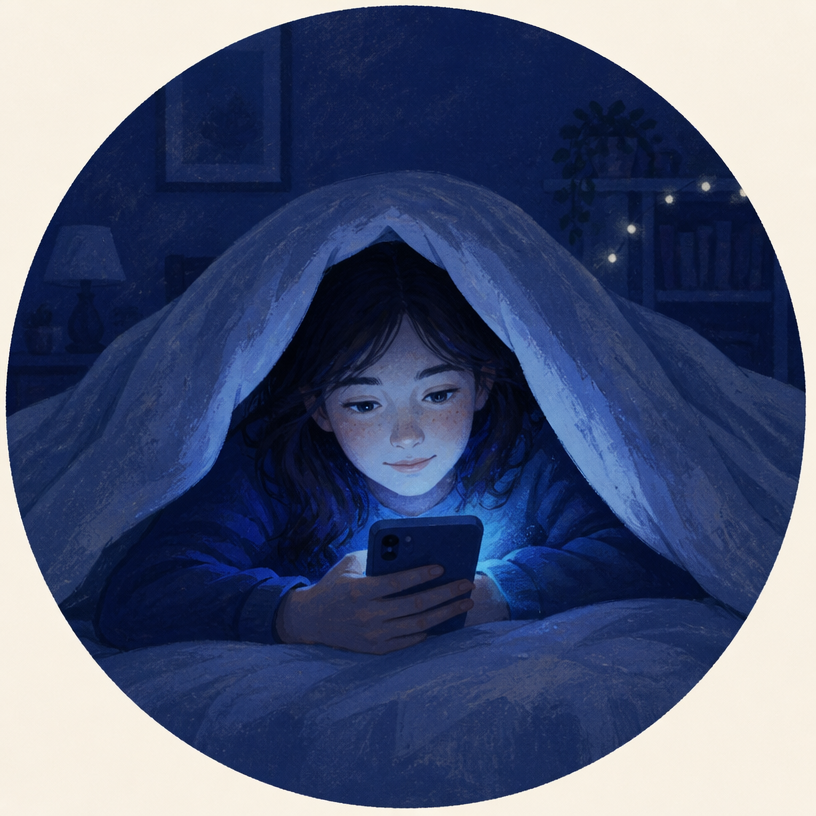 Une adolescente sous sa couette, le visage éclairé par la lumière de son téléphone